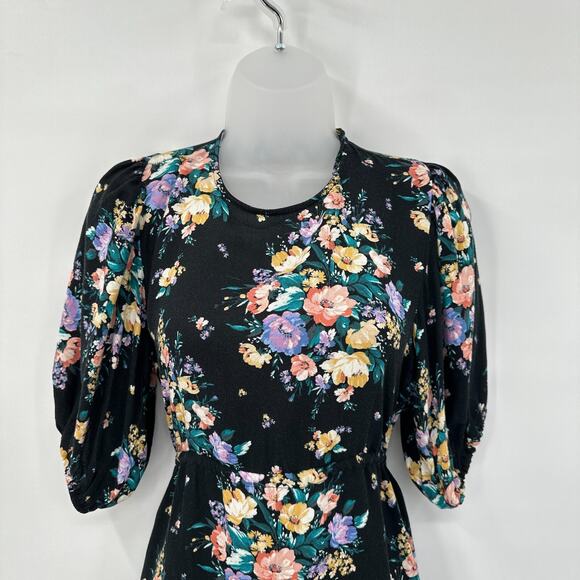 O'Neill Mini Dress Womens Small Alta Black Floral Open Back Puff‎ Sleeve Cottage - Picture 2 of 7